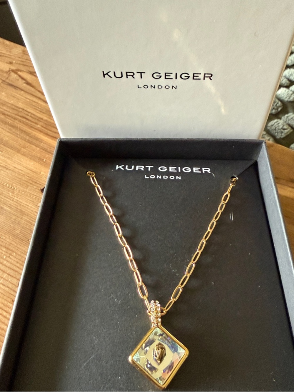 Kurt Geiger Gold-Tone Necklace with Iridescent Square Crystal NIB - Picture 5 of 6